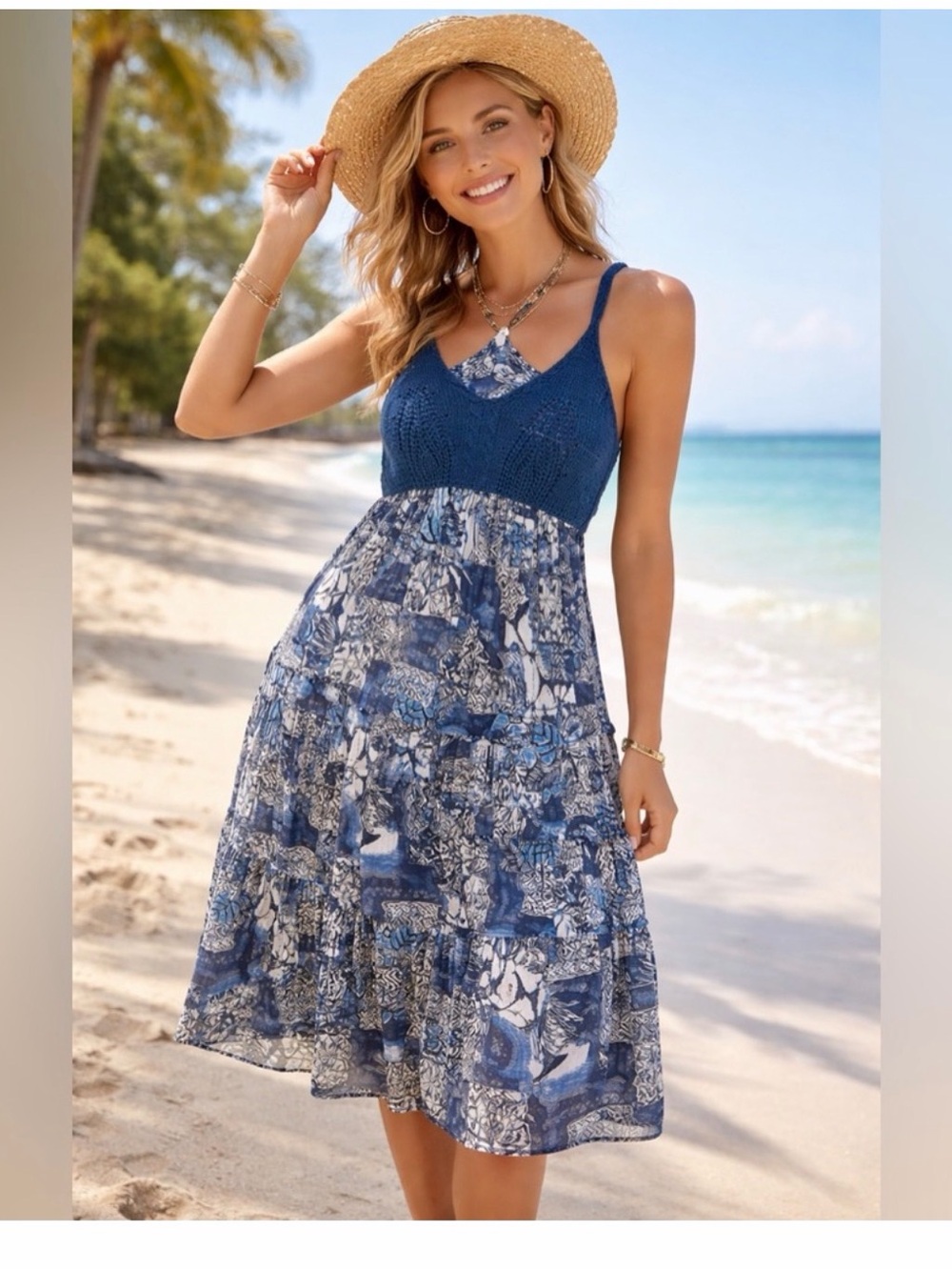 NWT Anthropologie Current Air Crocheted Halter Blue Floral Midi Sundress Size M